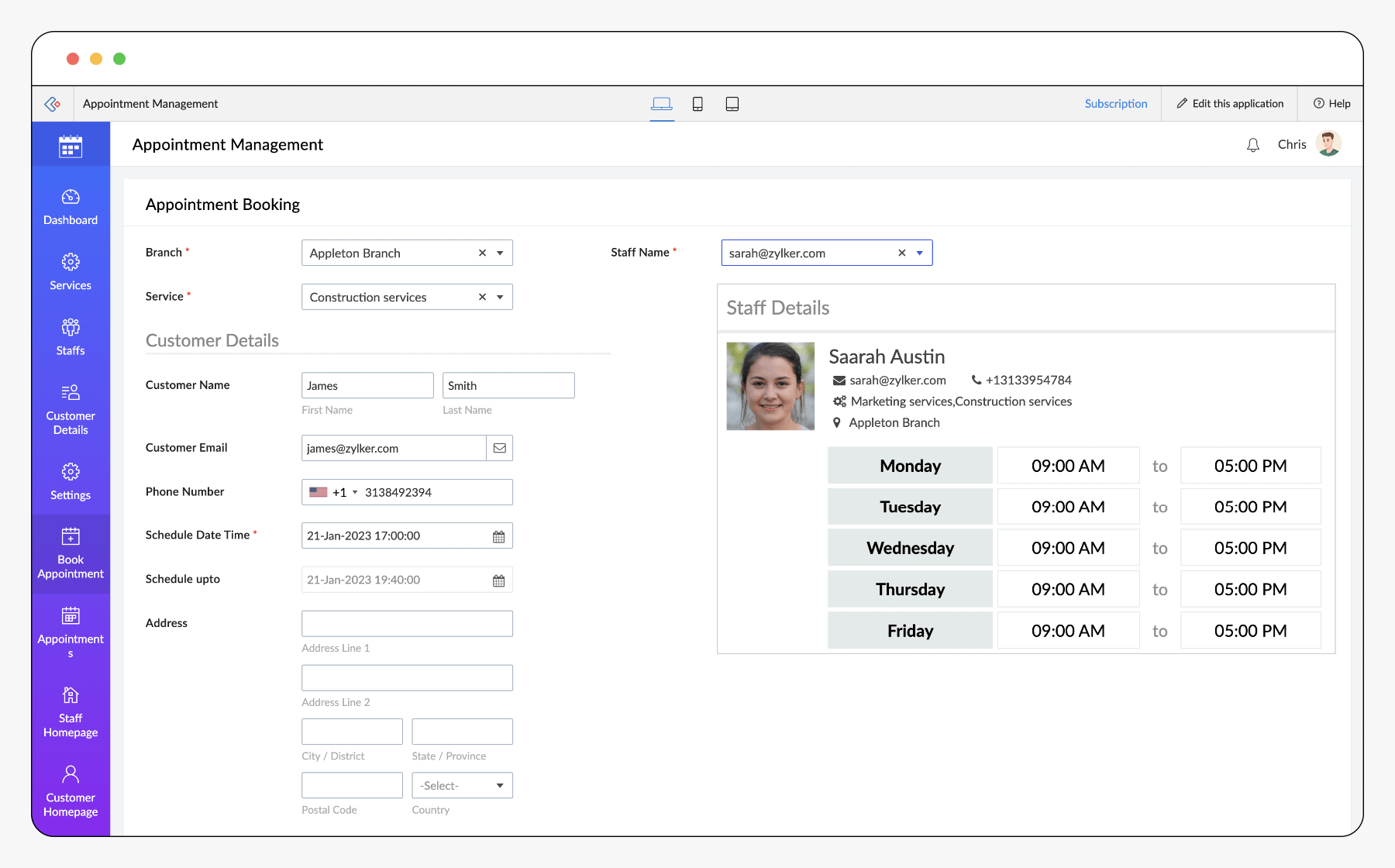 Screenshot of Appointments Software project interface